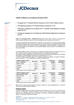 Chiffre d`affaires du troisi&egrave;me trimestre 2016