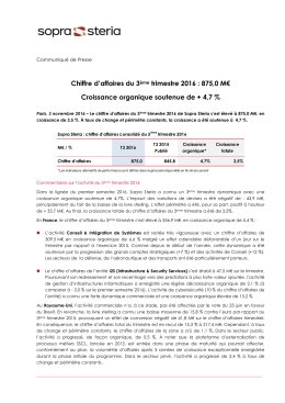 Chiffre d`affaires du 3ème trimestre 2016 : 875,0 M