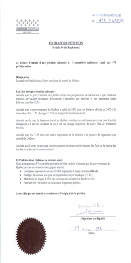 Extrait de pétition, signée par 474 locataires d`habitations à loyer