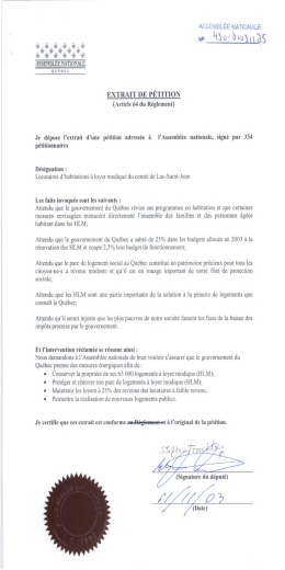 Extrait de pétition, signée par 334 locataires d`habitations à loyer