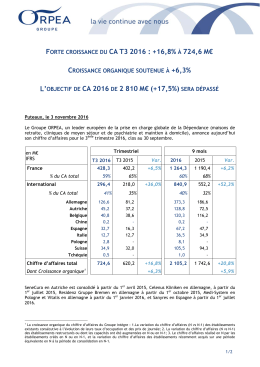 FORTE CROISSANCE DU CA T3 2016 : +16,8% À 724,6 M€ DE 2