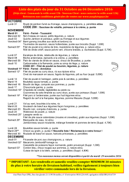 Liste des plats du jour du 31 Octobre au 04