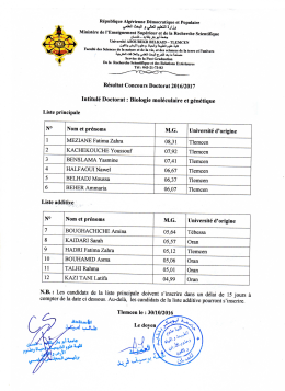 R&eacute;sultat Concours Doctorat 2016/2017 Intitul&eacute; Doctorat : Biologie