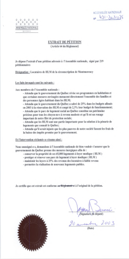 Extrait de p&eacute;tition, sign&eacute;e par 219 locataires d`habitations &agrave; loyer