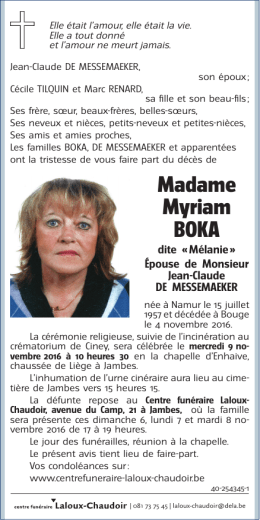 Madame Myriam BOKA &laquo; dite M&eacute;lanie