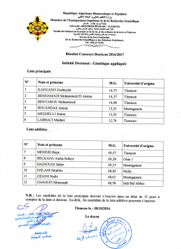 R&eacute;sultat Concours Doctorat 2016/2017 Intitul&eacute; Doctorat : G&eacute;n&eacute;tique