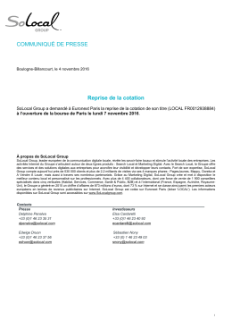 COMMUNIQU&Eacute; DE PRESSE Reprise de la cotation