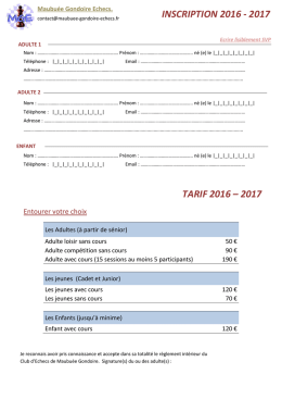 tarif 2016 &ndash; 2017 inscription 2016 - 2017