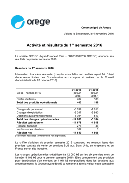 Activité et résultats du 1er semestre 2016