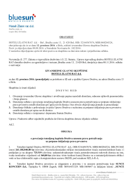 OBAVIJEST HOTELI ZLATNI RAT d.d. &ndash; Bol , Bračka cesta 13, 21