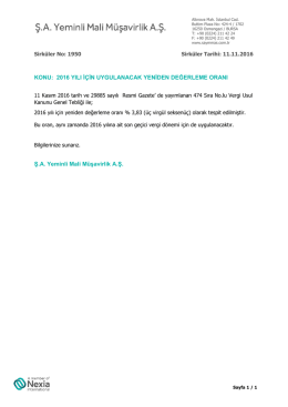 KONU: 2016 YILI İÇİN UYGULANACAK YENİDEN DEĞERLEME