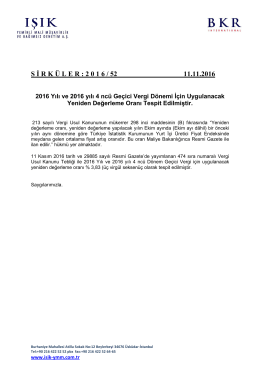 2016 Yılı ve 2016 yılı 4 ncü Geçici Vergi Dönemi İçin Uygulanacak