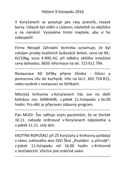 Hl&aacute;&scaron;en&iacute; 9.listopadu 2016 V Koryčanech se potuluje pes rasy