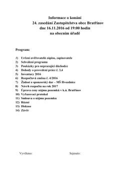 Informace o konání 24. zasedání Zastupitelstva obce Bratřínov dne