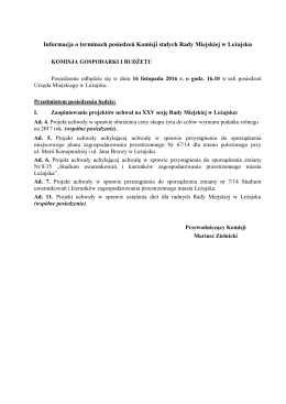 Informacja o terminach posiedzeń Komisji stałych Rady Miejskiej w