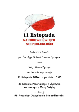 8.11.2016 Zaproszenie na mszę z okazji Święta