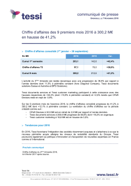 Tessi : Chiffre d`affaires des 9 premiers mois 2016 à 300,2 M€