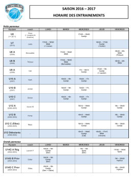 SAISON 2016 – 2017 HORAIRE DES ENTRAINEMENTS