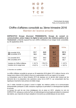 Chiffre d`affaires consolidé au 3ème trimestre 2016