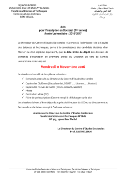 Avis pour l`inscription en Doctorat (1&egrave;re ann&eacute;e)