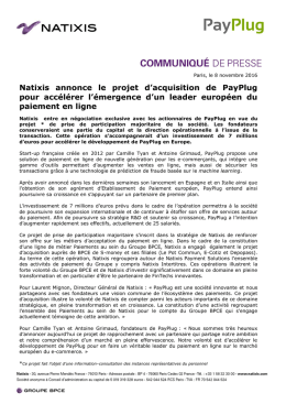 Natixis annonce le projet d`acquisition de PayPlug pour accélérer l