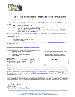 Objet : Avis de convocation - Assembl&eacute;e g&eacute;n&eacute;rale annuelle 2016