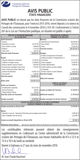 AVIS PUBLIC &ndash; &Eacute;tats financiers - Commission scolaire des portages