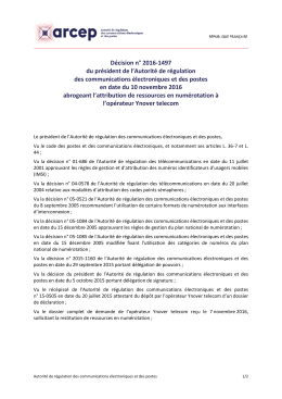Décision n° 2016-1497 du président de l`Arcep en date du 10