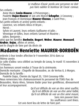 Madame Henriette MAURER-BORBO&Euml;N