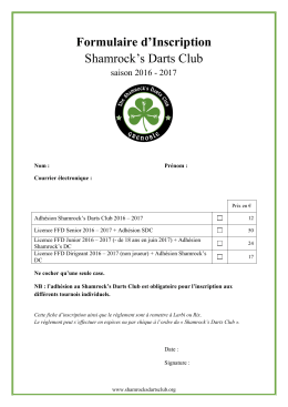 Formulaire d`Inscription Shamrock`s Darts Club