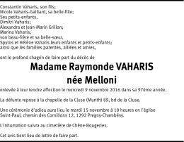 Madame Raymonde VAHARIS n&eacute;e Melloni