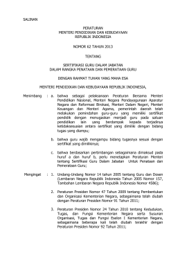 Permenristekdikti Nomor 62 Tahun 2013 tentang Sertifikasi Guru