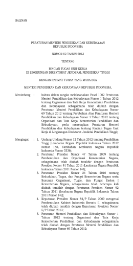 Permenristekdikti Nomor 52 Tahun 2013 tentang Rincian Tugas Unit