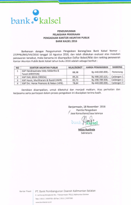 Pemenang Pengadaan Kantor Akuntan Publik Bank Kalsel Tahun