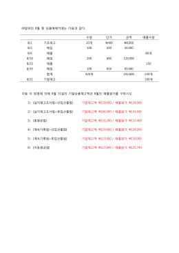 알파의 8월 중 상품매매거래는 다음과 같다. 수량 단가 금액 매출수량 8