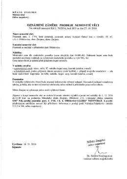 Oznámení záměru prodeje nemovité věci