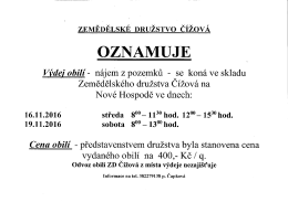 Ozn&aacute;men&iacute; o v&yacute;deji obil&iacute; 16. a 19. listopadu 2016