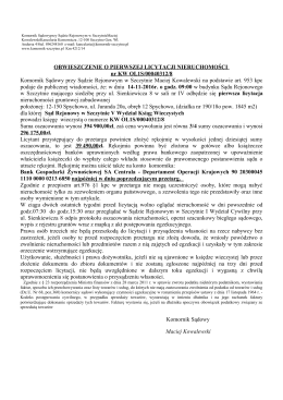OBWIESZCZENIE O PIERWSZEJ LICYTACJI NIERUCHOMOŚCI nr