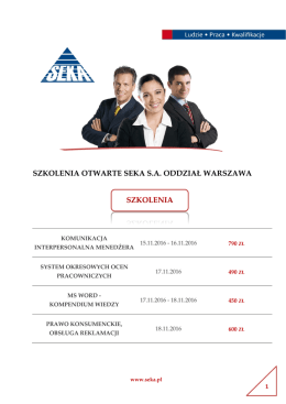 Inne szkolenia organizowanie w SEKA S.A. Oddział Warszawa