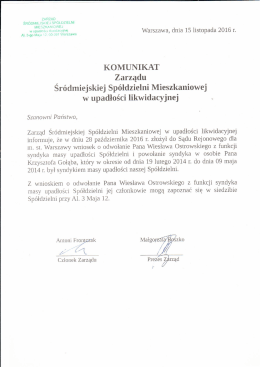 Komunikat Zarządu z dnia 15.11.2016