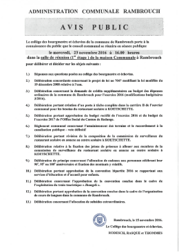 Prochaine réunion du conseil communal le 23.11.2016