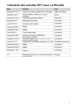 Calendrier des activit&eacute;s 2017 pour La Rincette