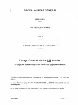 Sujet du bac S Physique-Chimie Obligatoire 2016