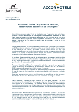 AccorHotels finalise l`acquisition de John Paul, leader mondial des