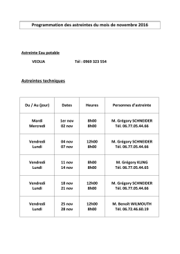 Programmation des astreintes du mois de novembre 2016