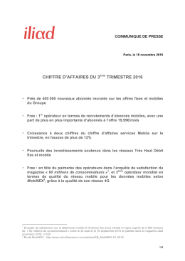CHIFFRE D`AFFAIRES DU 3&egrave;me TRIMESTRE 2016