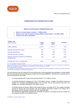 Résultats des neuf premiers mois 2016