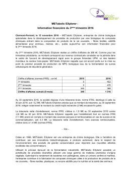 METabolic EXplorer : Information financière du 3ème trimestre 2016