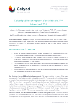 Celyad publie son rapport d`activit&eacute;s du 3&egrave;me trimestre 2016