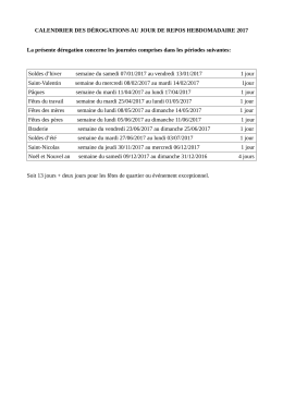 CALENDRIER DES DÉROGATIONS AU JOUR DE REPOS